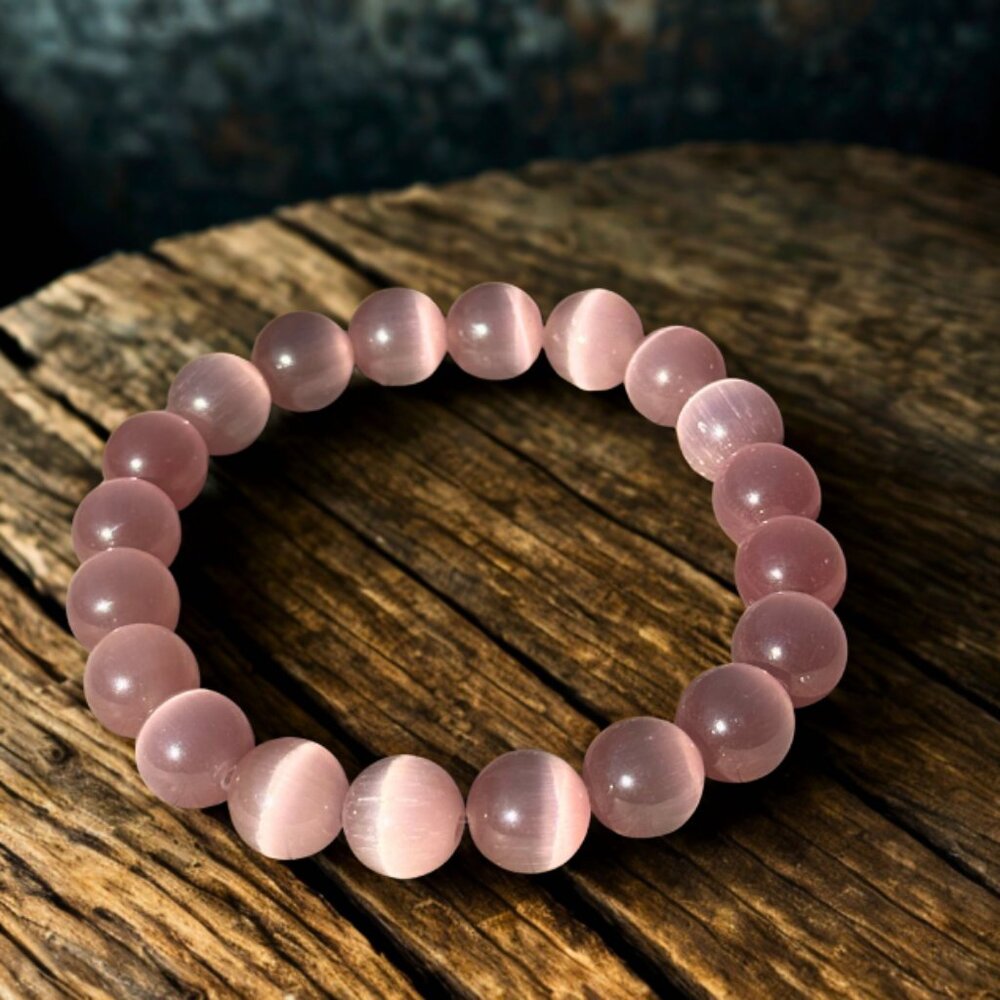 Dusty Rose Cat’s Eye Crystal 10MM Beaded Stretch Bracelet Gemstone Jewelry - Picture 6 of 10